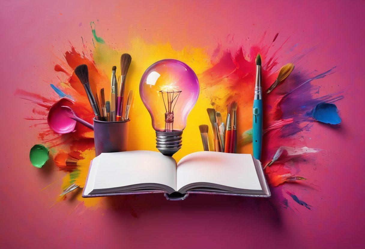 A vibrant digital diary open to a colorful page filled with artistic thumbnail images, each representing a unique idea or emotion. Surrounding the diary are creative tools like paintbrushes and digital devices, with a light bulb hovering above to symbolize inspiration. The background is a bright, abstract blend of colors that evoke creativity and imagination. super-realistic. vibrant colors. dynamic composition.